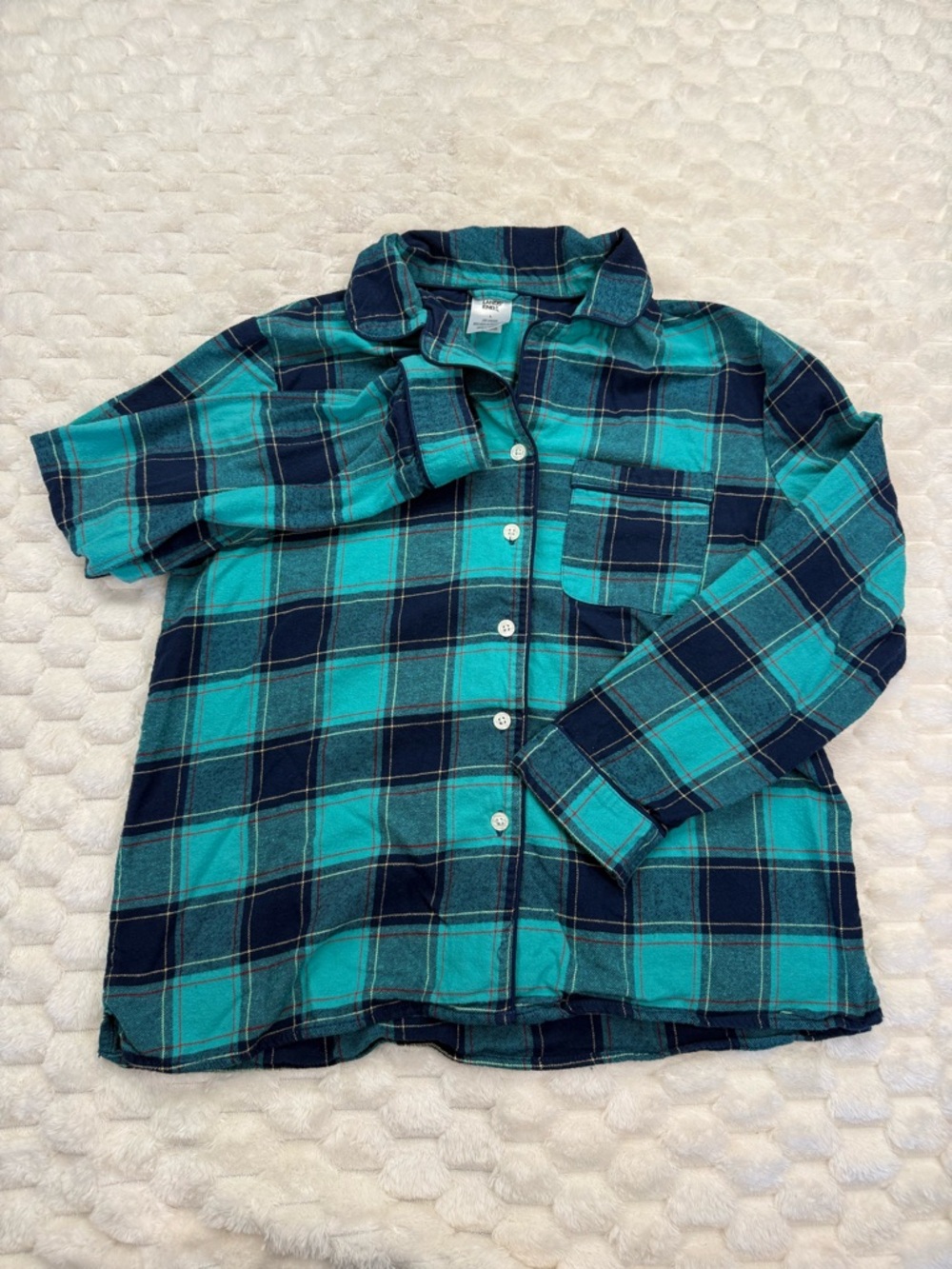 Lands' End Women's Large Teal Blue Plaid Flannel Pajama Top 100% Cotton L